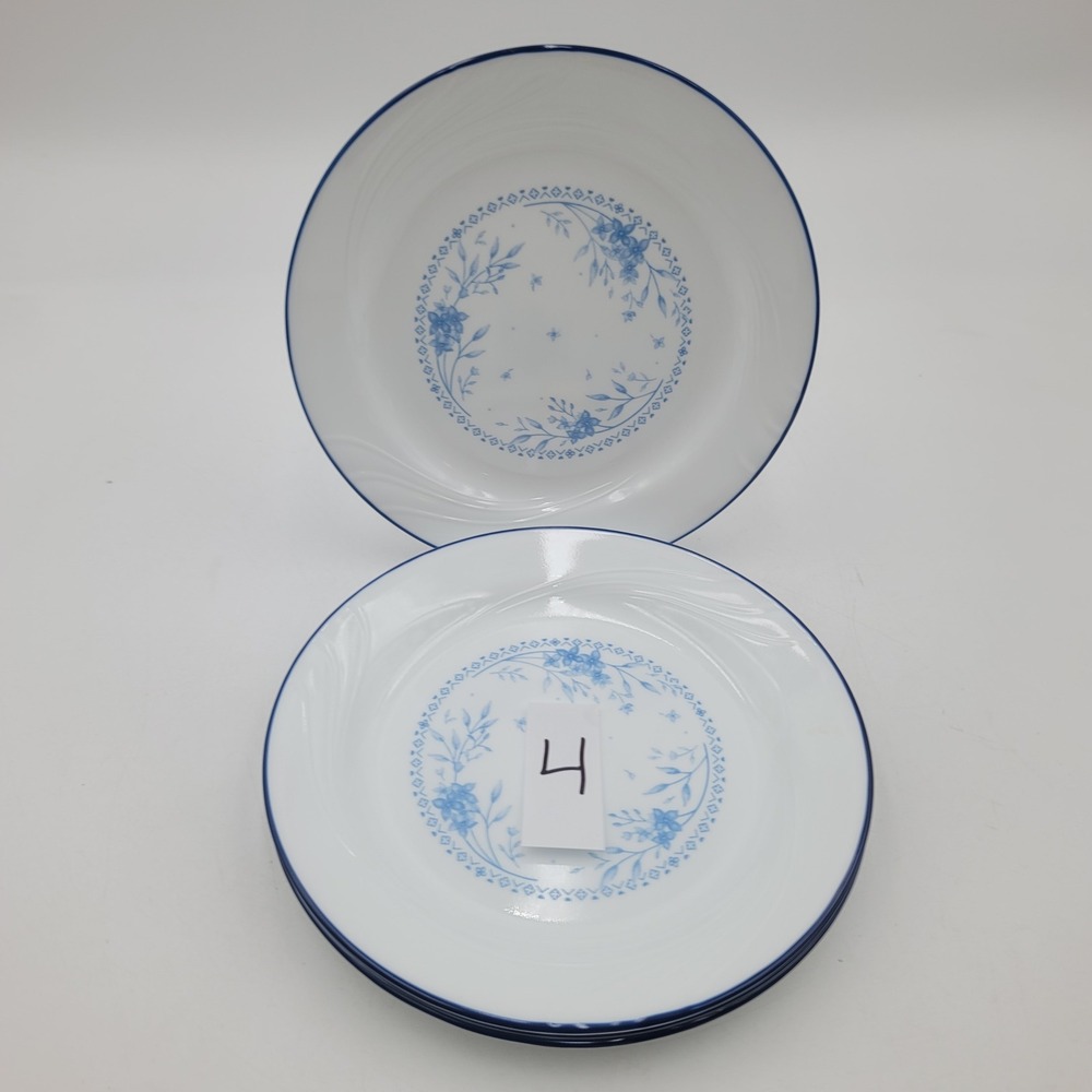 4pc Corelle Celestial Blue 7.25 Salad Plates Set Floral Blue Rim Vitrelle Glass